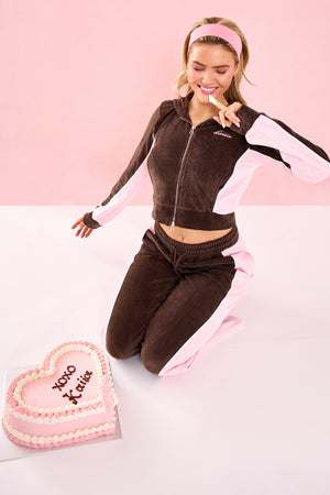 Kaiia Fitted Velour Zip Through Hoodie Bitter Chocolate & Pink