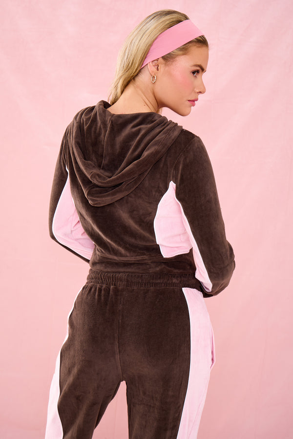 Kaiia Fitted Velour Zip Through Hoodie Bitter Chocolate & Pink