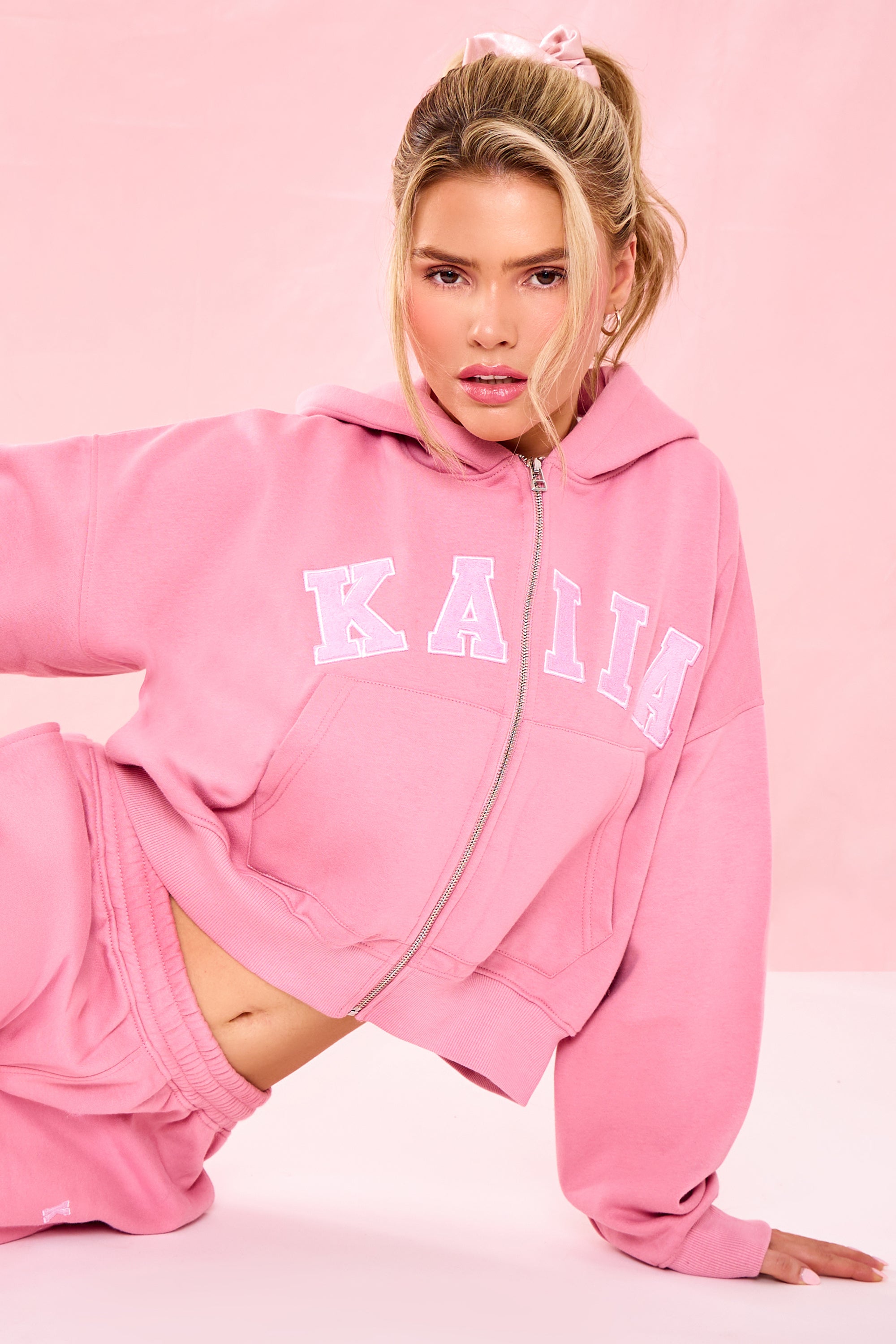 Kaiia Slogan Oversized Zip Through Hoodie Ribbon Pink | Kaiia