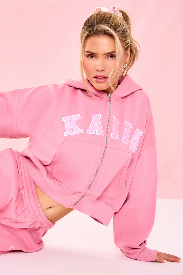 Kaiia Slogan Oversized Zip Through Hoodie Ribbon Pink