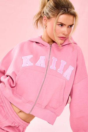 Kaiia Slogan Oversized Zip Through Hoodie Ribbon Pink