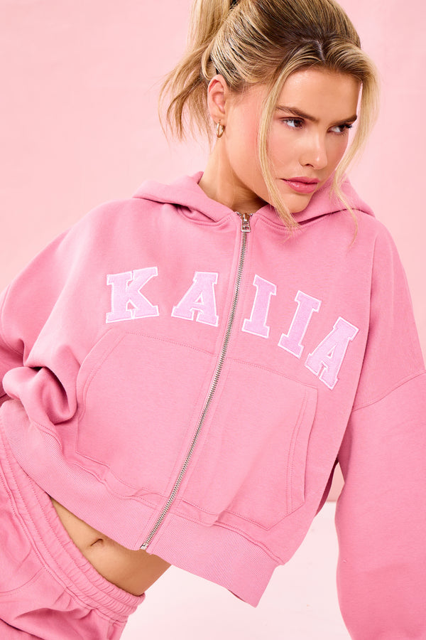 Kaiia Slogan Oversized Zip Through Hoodie Ribbon Pink