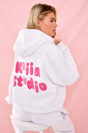 Kaiia Bubble Graphic Oversized Hoodie Light Grey Marl & Pink