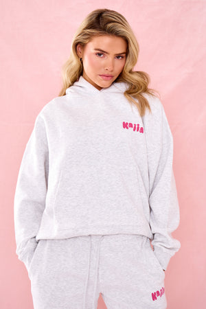 Kaiia Bubble Graphic Oversized Hoodie Light Grey Marl & Pink