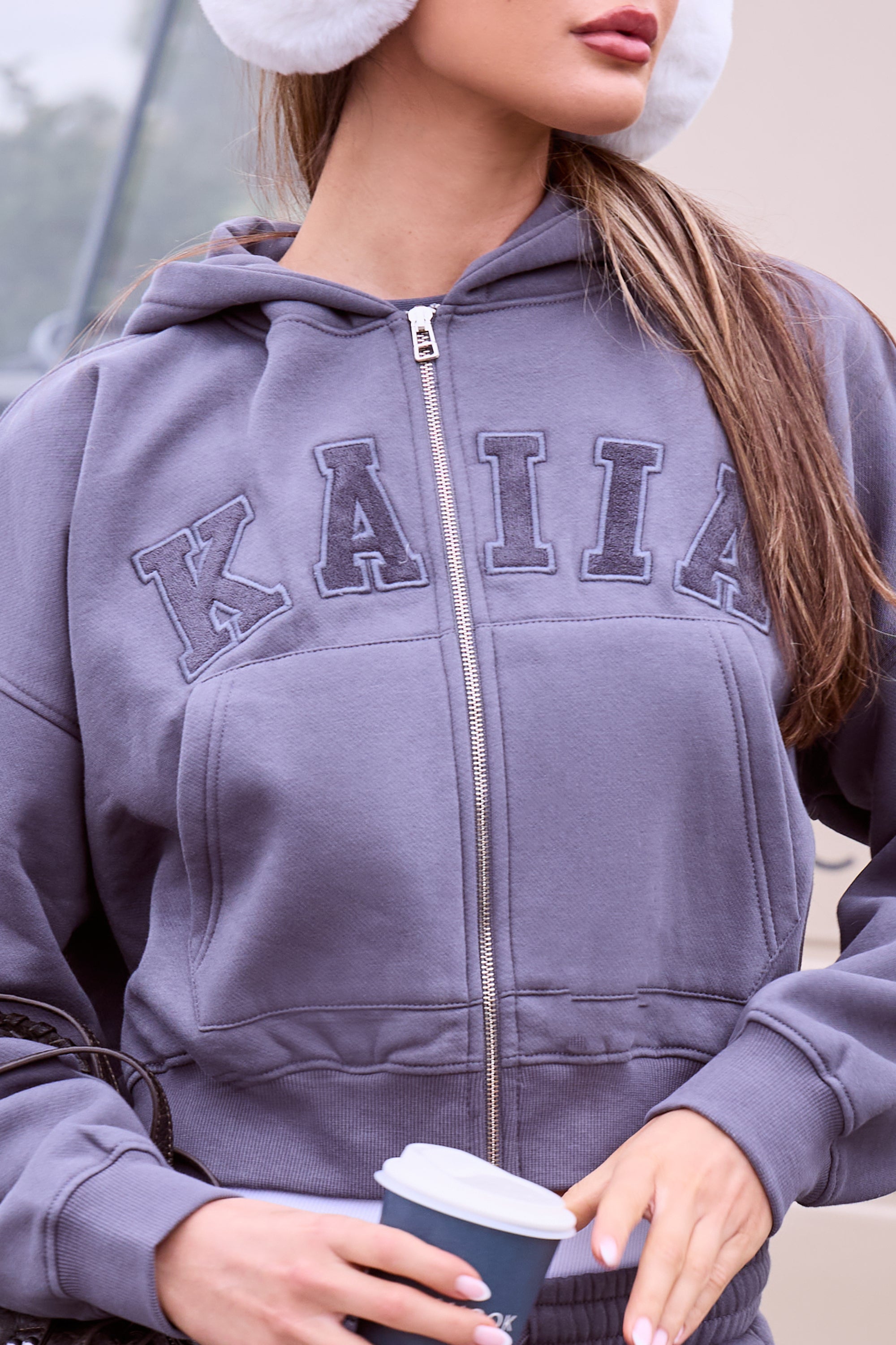 Kaiia Velour Slogan Oversized Zip Through Hoodie Petrol Grey | Kaiia