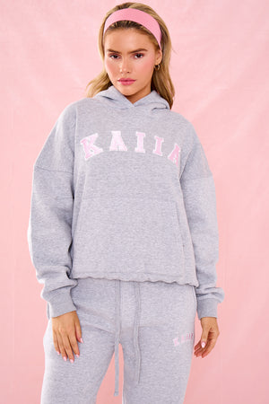 Kaiia Slogan Oversized Hoodie Grey Marl & Pink