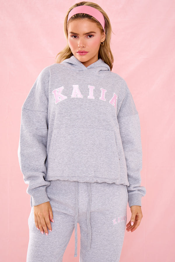 Kaiia Slogan Oversized Hoodie Grey Marl & Pink