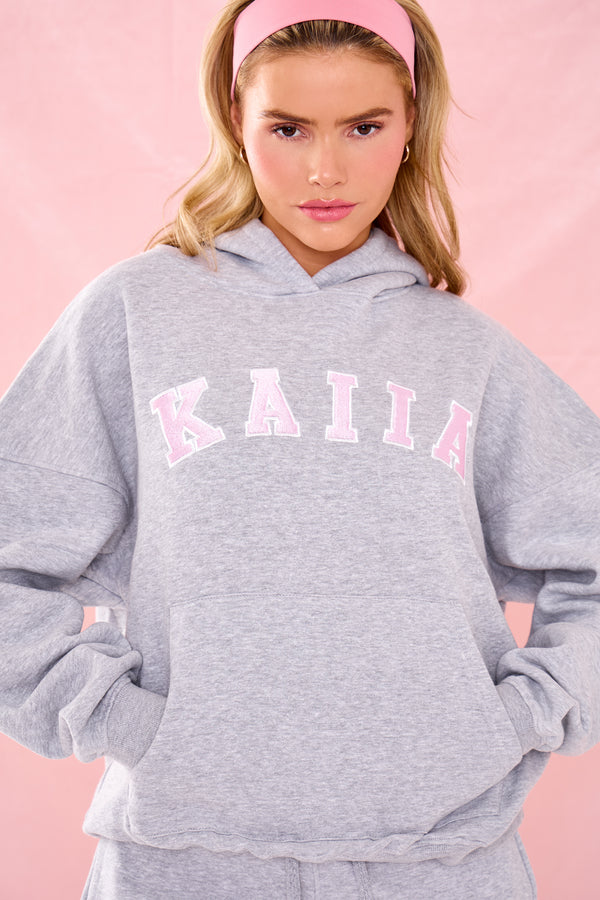 Kaiia Slogan Oversized Hoodie Grey Marl & Pink