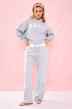 Kaiia Slogan Oversized Hoodie Grey Marl & Pink