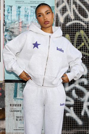 Kaiia Star Graphic Oversized Zip Through Hoodie Light Grey Marl & Royal Purple