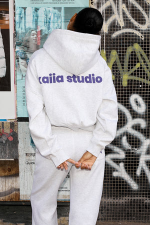 Kaiia Star Graphic Oversized Zip Through Hoodie Light Grey Marl & Royal Purple