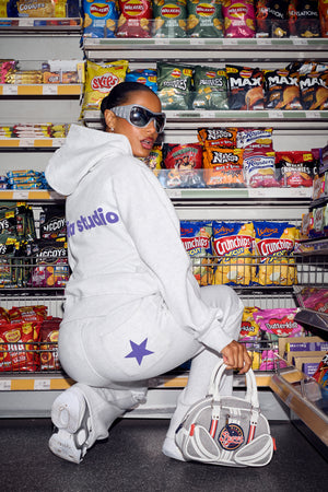 Kaiia Star Graphic Oversized Hoodie Light Grey Marl & Royal Purple