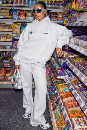 Kaiia Star Graphic Oversized Hoodie Light Grey Marl & Royal Purple