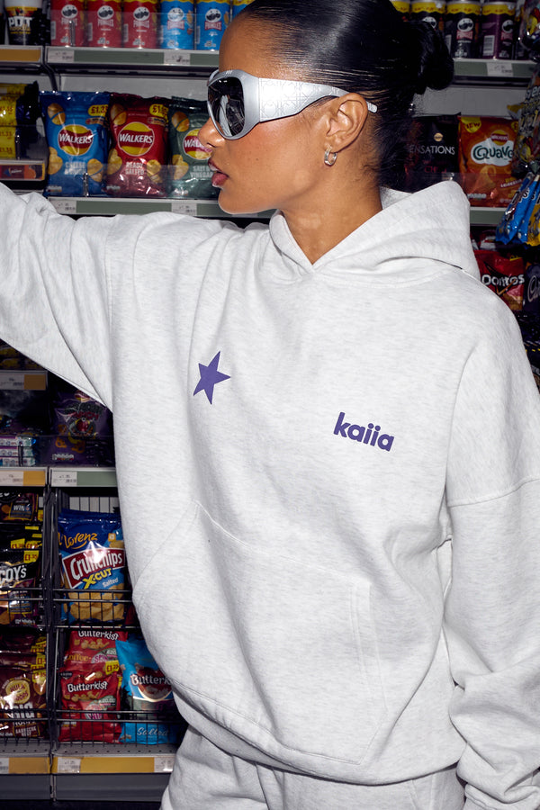 Kaiia Star Graphic Oversized Hoodie Light Grey Marl & Royal Purple