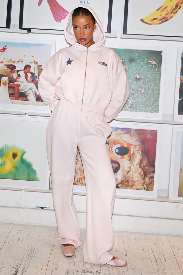 Kaiia Star Graphic Oversized Zip Through Hoodie Shell Pink & Dark Grey