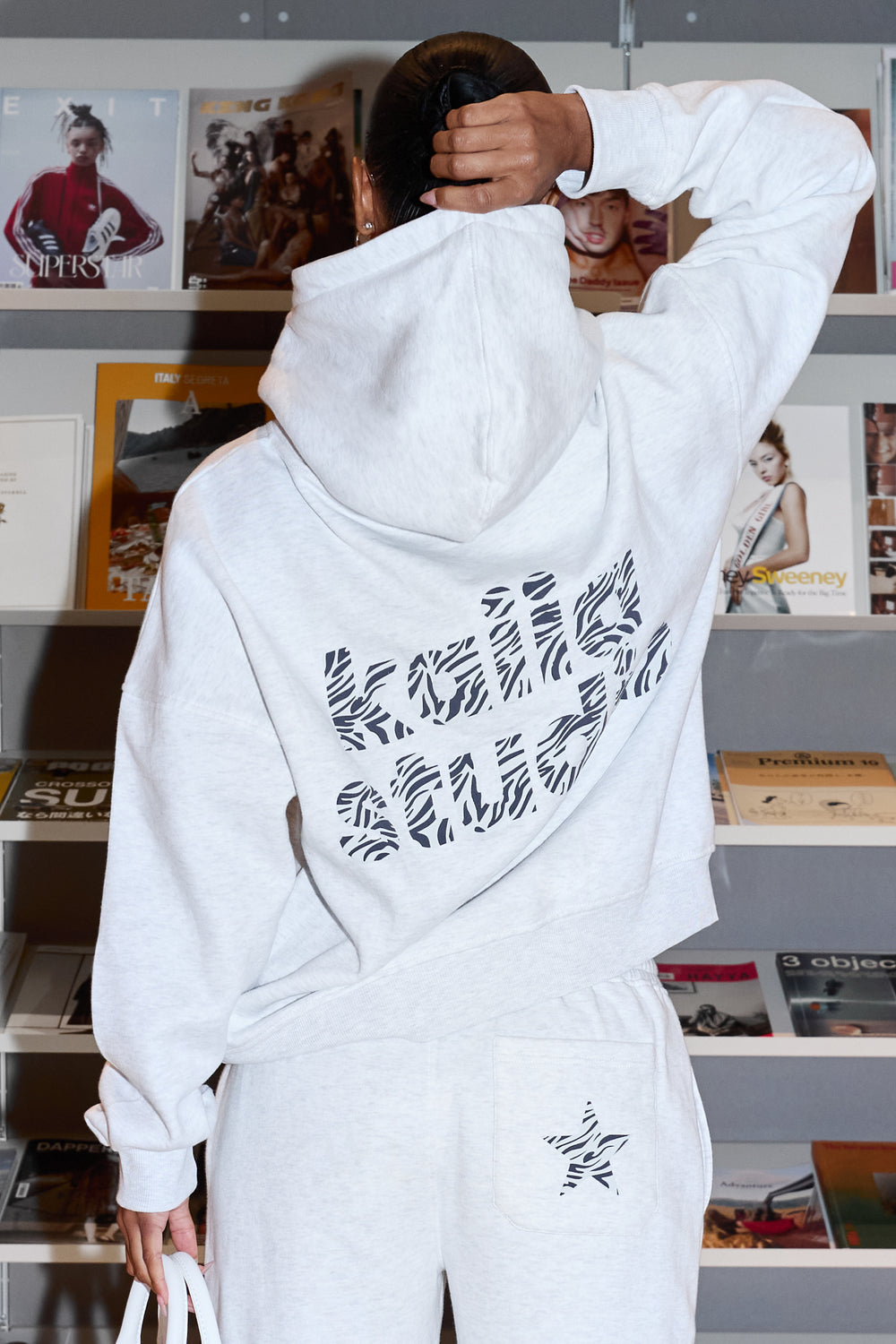 Kaiia Star Zebra Print Oversized Hoodie Light Grey Marl