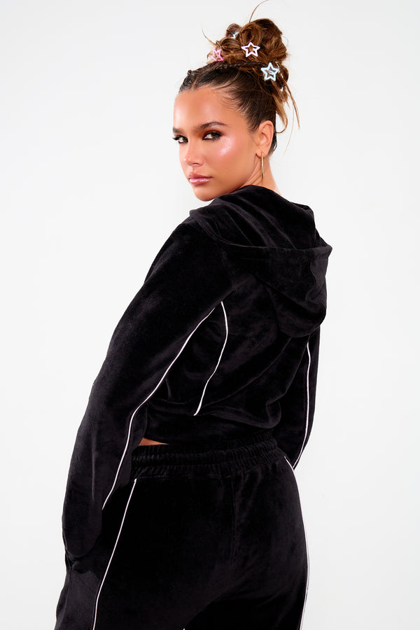 Kaiia Velour Contrast Piping Zip Through Hoodie Black & Pink