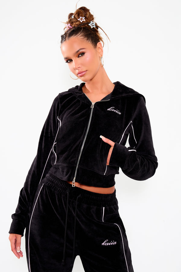 Kaiia Velour Contrast Piping Zip Through Hoodie Black & Pink