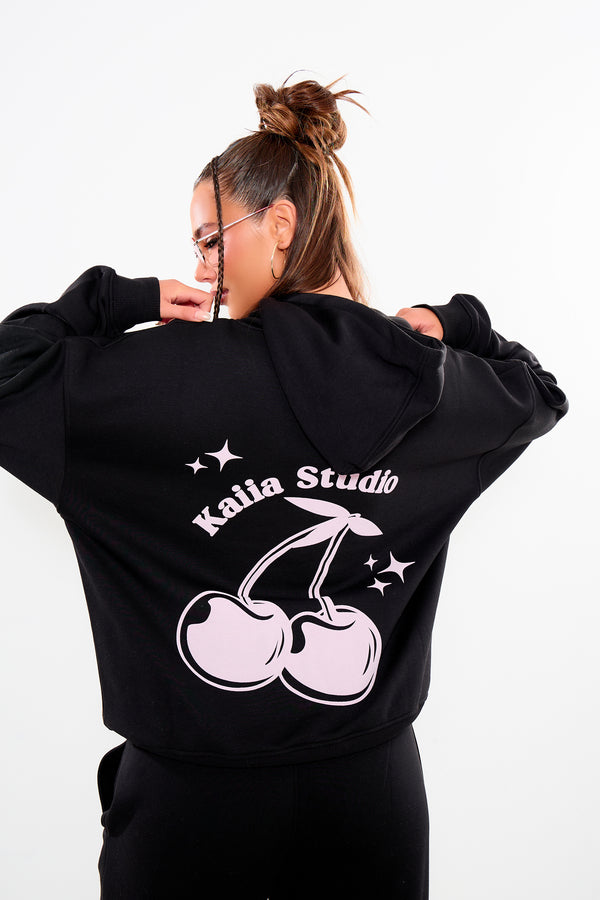 Kaiia Cherry Graphic Oversized Hoodie Black & Pink
