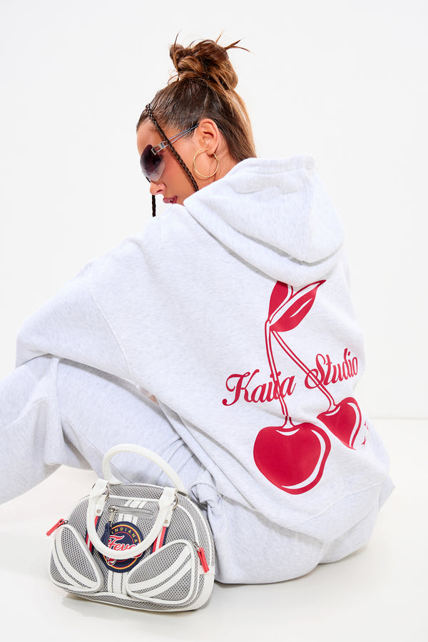 Kaiia Cherry Graphic Oversized Hoodie Light Grey Marl & Red