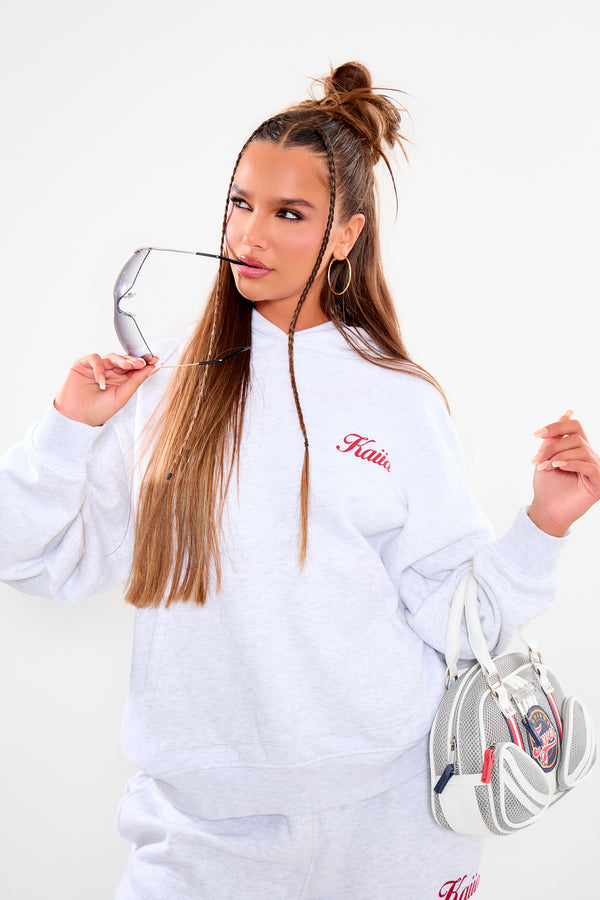 Kaiia Cherry Graphic Oversized Hoodie Light Grey Marl & Red