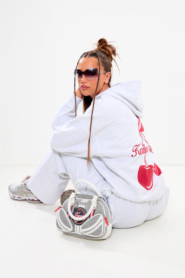 Kaiia Cherry Graphic Oversized Hoodie Light Grey Marl & Red
