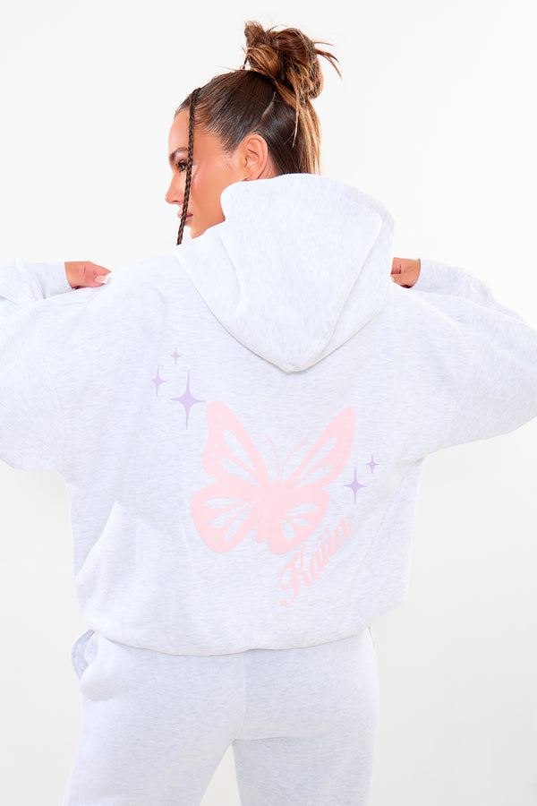 Kaiia Butterfly Graphic Oversized Hoodie Light Grey Marl & Pink