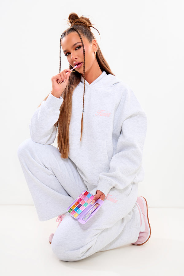 Kaiia Butterfly Graphic Oversized Hoodie Light Grey Marl & Pink