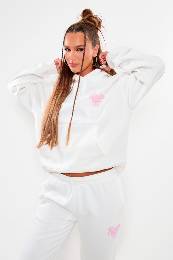 Kaiia Bow Graphic Oversized Hoodie Cream & Pink