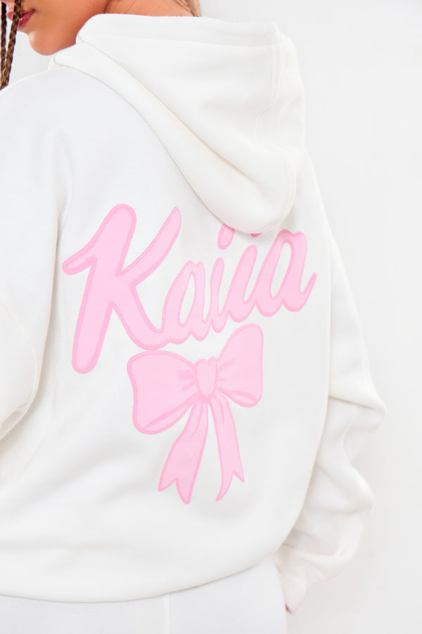 Kaiia Bow Graphic Oversized Hoodie Cream & Pink