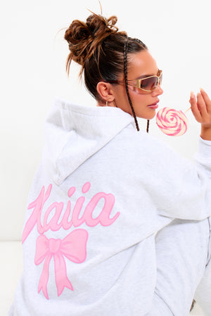 Kaiia Bow Graphic Oversized Hoodie Light Grey Marl & Pink