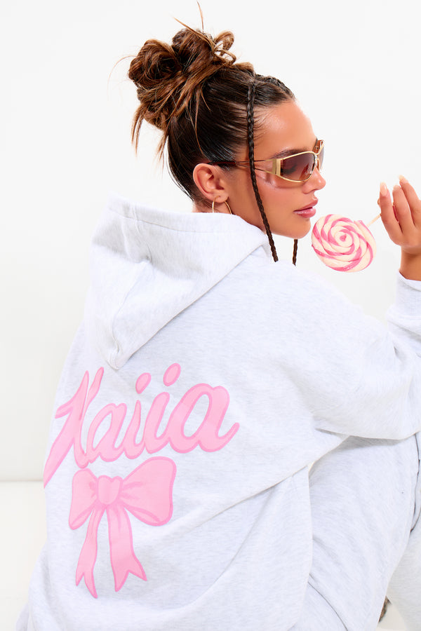Kaiia Bow Graphic Oversized Hoodie Light Grey Marl & Pink