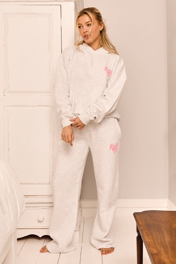 Kaiia Bow Graphic Oversized Hoodie Light Grey Marl & Pink