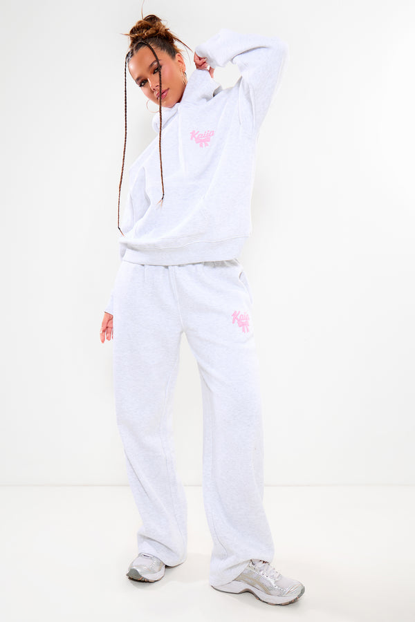 Kaiia Bow Graphic Oversized Hoodie Light Grey Marl & Pink