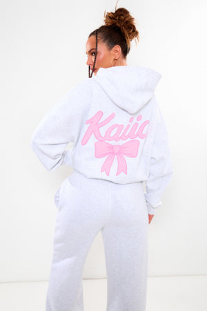 Kaiia Bow Graphic Oversized Hoodie Light Grey Marl & Pink
