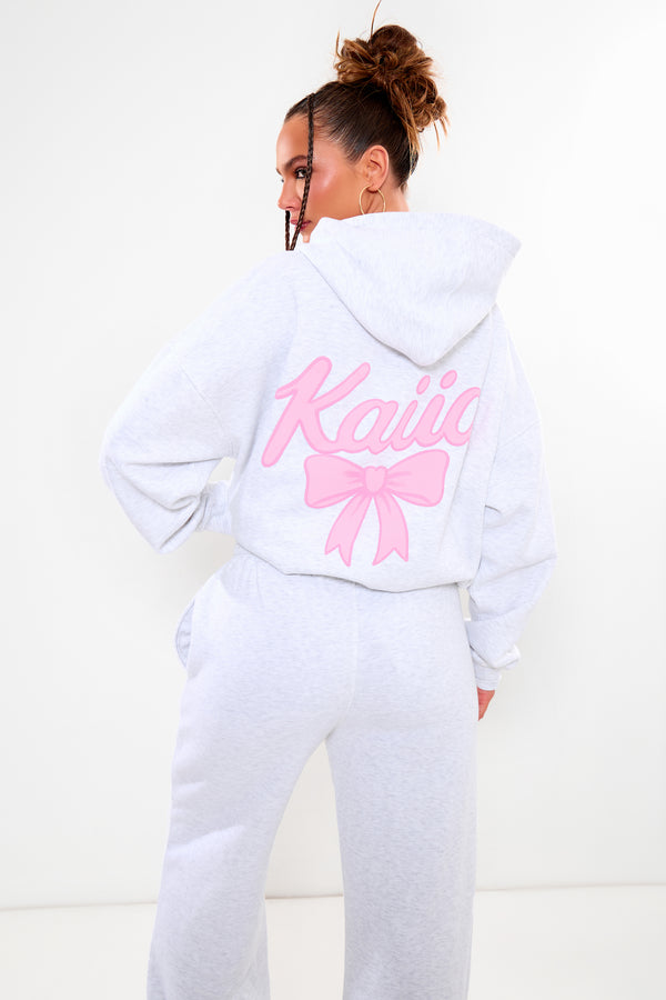 Kaiia Bow Graphic Oversized Hoodie Light Grey Marl & Pink