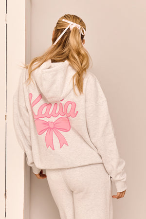 Kaiia Bow Graphic Oversized Hoodie Light Grey Marl & Pink
