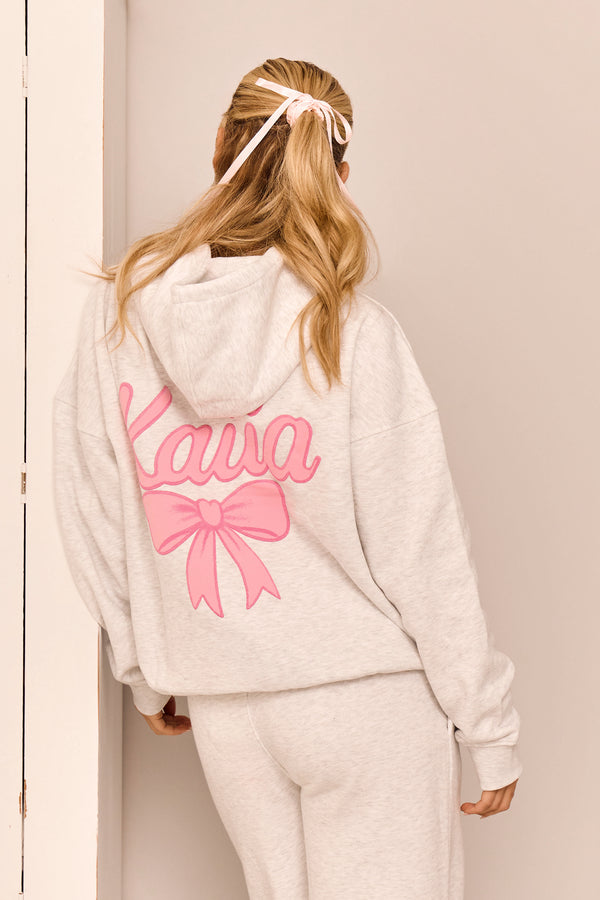 Kaiia Bow Graphic Oversized Hoodie Light Grey Marl & Pink