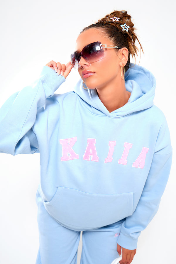 Kaiia Slogan Oversized Hoodie Baby Blue & Pink
