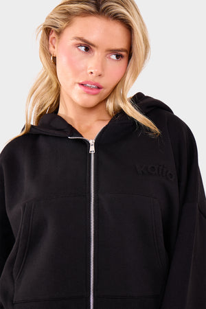 Kaiia Embossed Logo Oversized Zip Through Hoodie Black