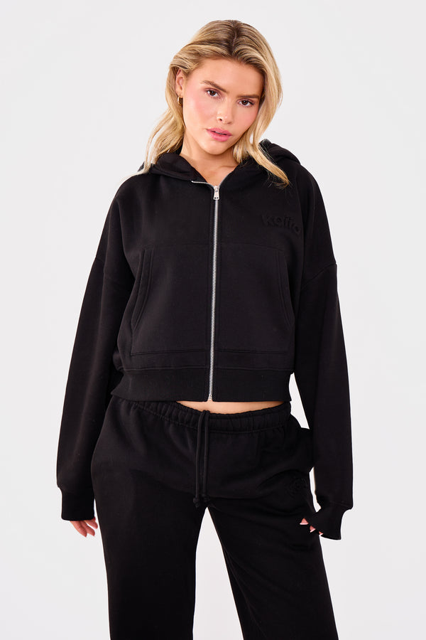 Kaiia Embossed Logo Oversized Zip Through Hoodie Black