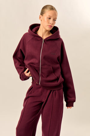 Kaiia Logo Oversized Zip Through Hoodie Dark Cherry