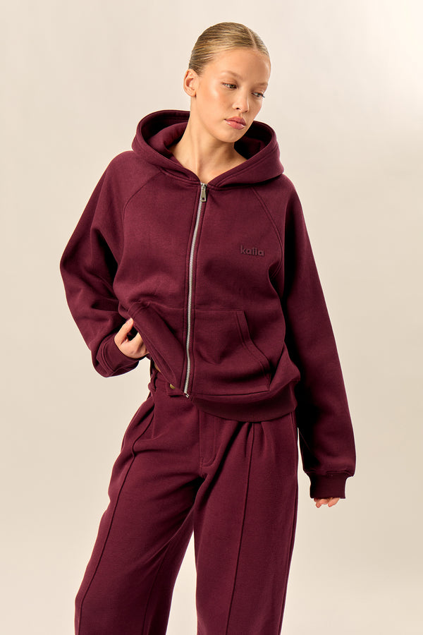 Kaiia Logo Oversized Zip Through Hoodie Dark Cherry