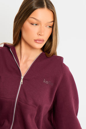 Kaiia Logo Oversized Zip Through Hoodie Dark Cherry