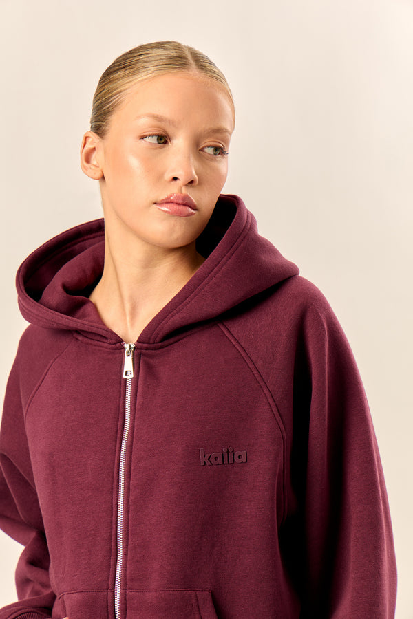 Kaiia Logo Oversized Zip Through Hoodie Dark Cherry