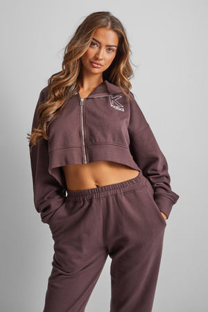 Kaiia Slogan Zip Through Cropped Hoodie Brown