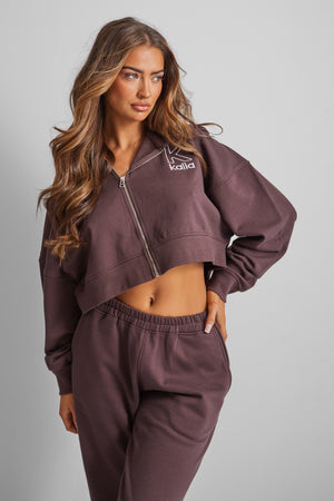 Kaiia Slogan Zip Through Cropped Hoodie Brown