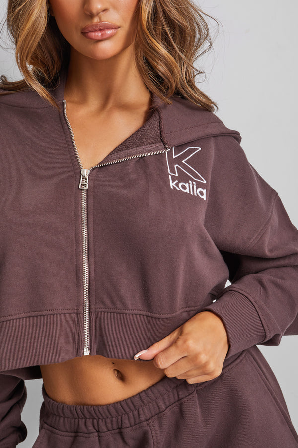 Kaiia Slogan Zip Through Cropped Hoodie Brown