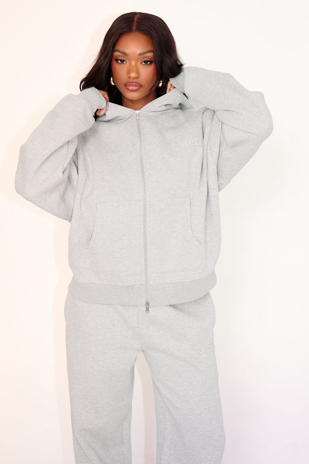 Kaiia Embossed Logo Zip Through Oversized Hoodie Mid Grey Marl