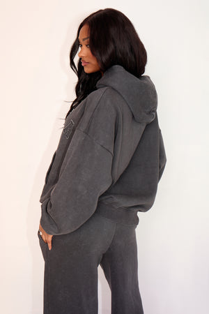 Kaiia Oversized Hoodie With Distressed Applique Washed Black